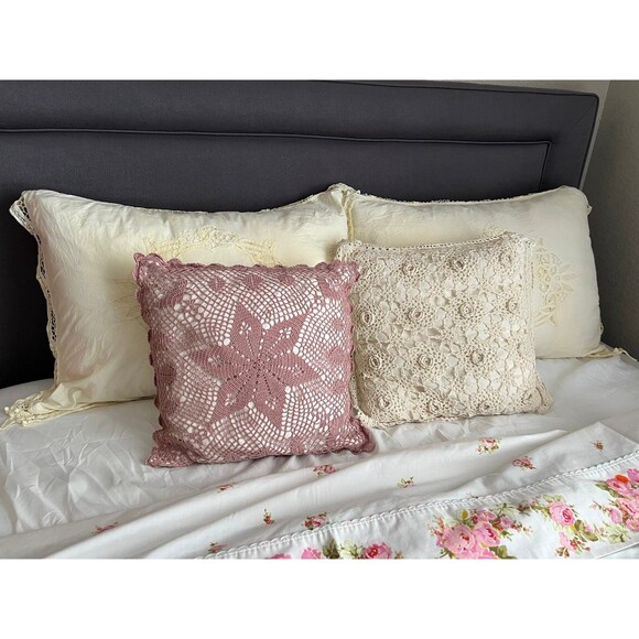 Vintage crochet boho cottage accent pillow pillowcase lot - Picture 1 of 12